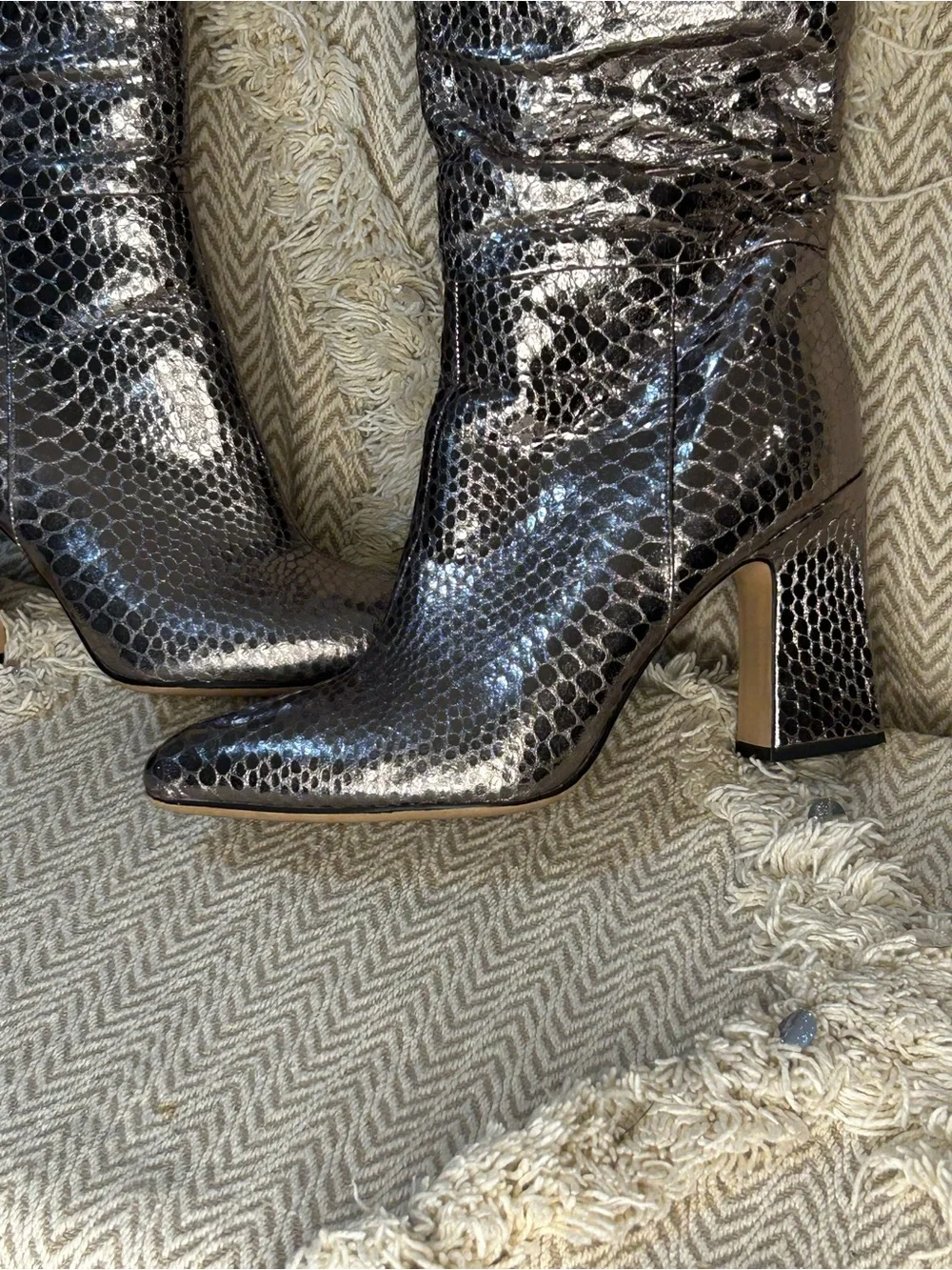 Michael Shannon Metallic Black Snake-Embossed Over-the-Knee Boots